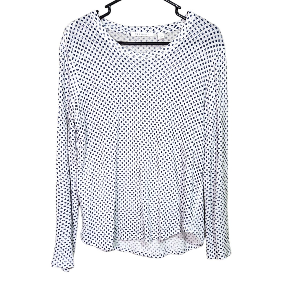 Trenery Size Medium  White and Blue Long Sleeve Linen Nylon Womens Top Shirt